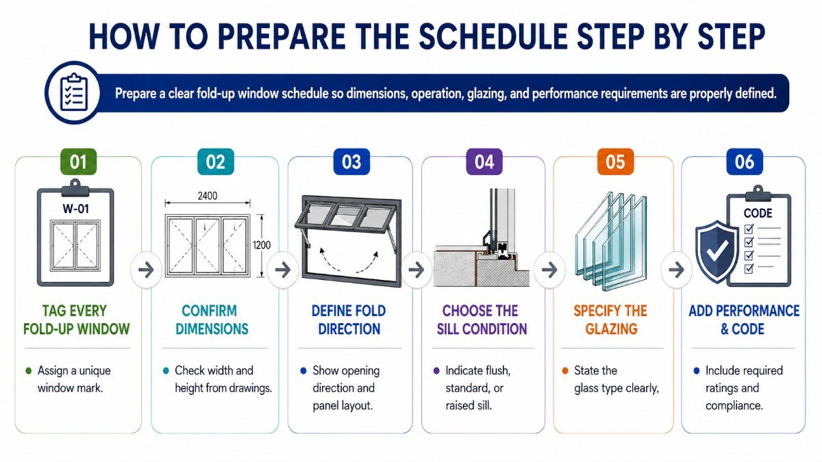 Infographic showing six steps to prepare a fold-up window schedule: tag each window, confirm drawing dimensions, define fold direction and panel layout, choose the sill condition, specify glazing, and add performance and code requireme