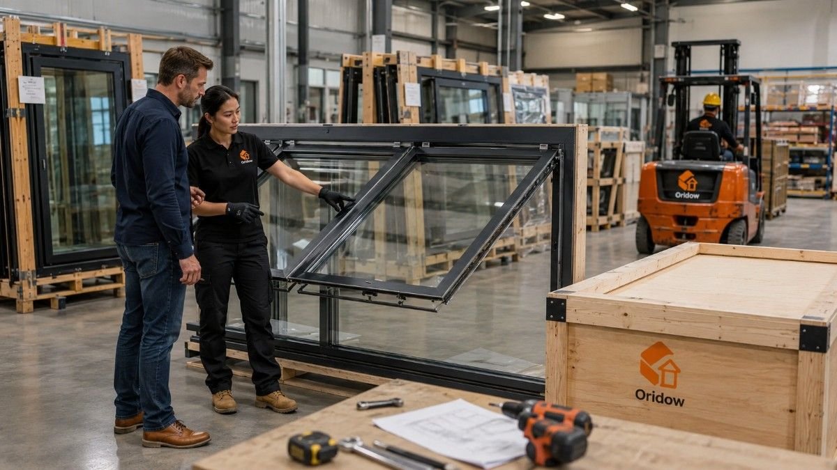 Buyer reviewing large fold-up window glass options with factory staff in an Oridow production facility.