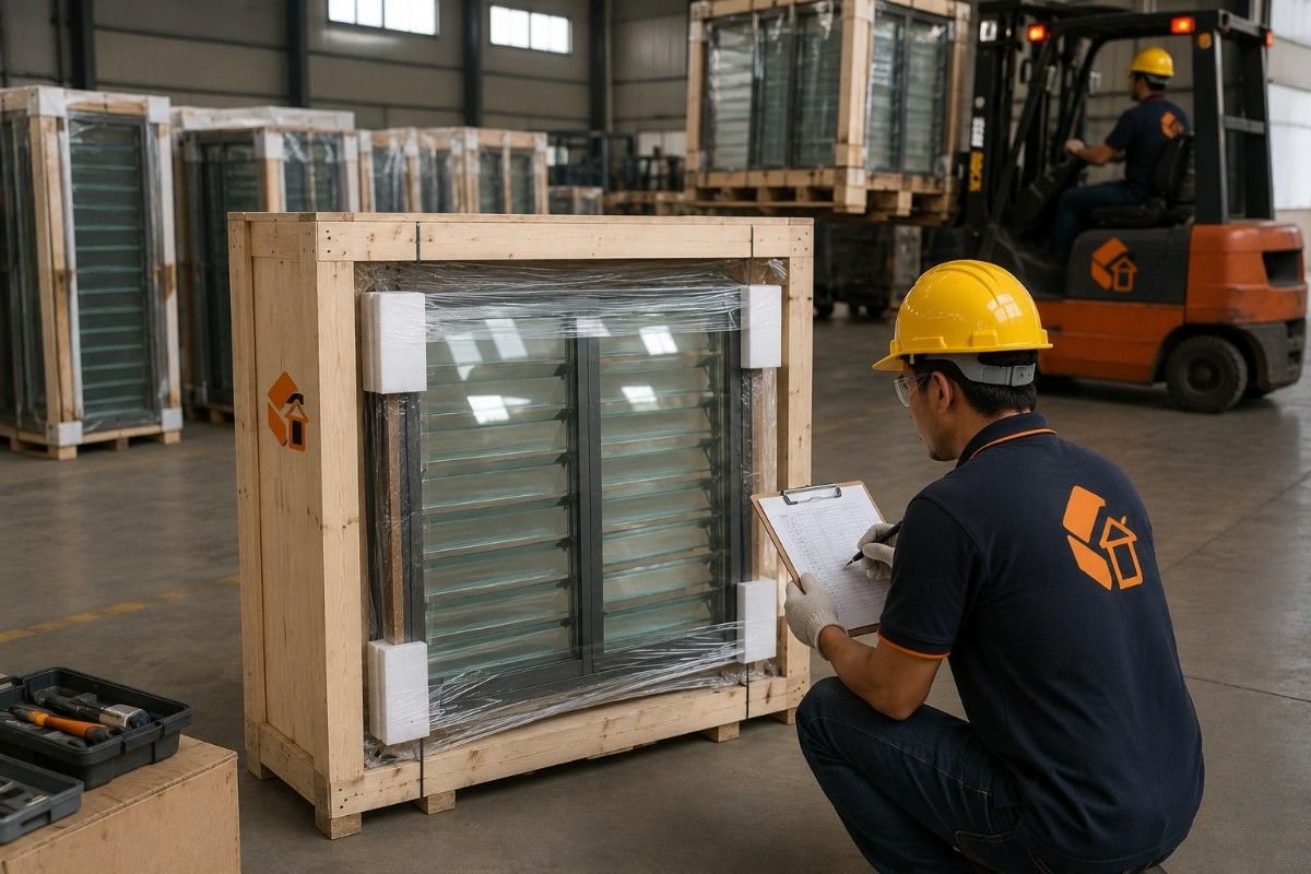 Custom jalousie window inspection in a professional factory.