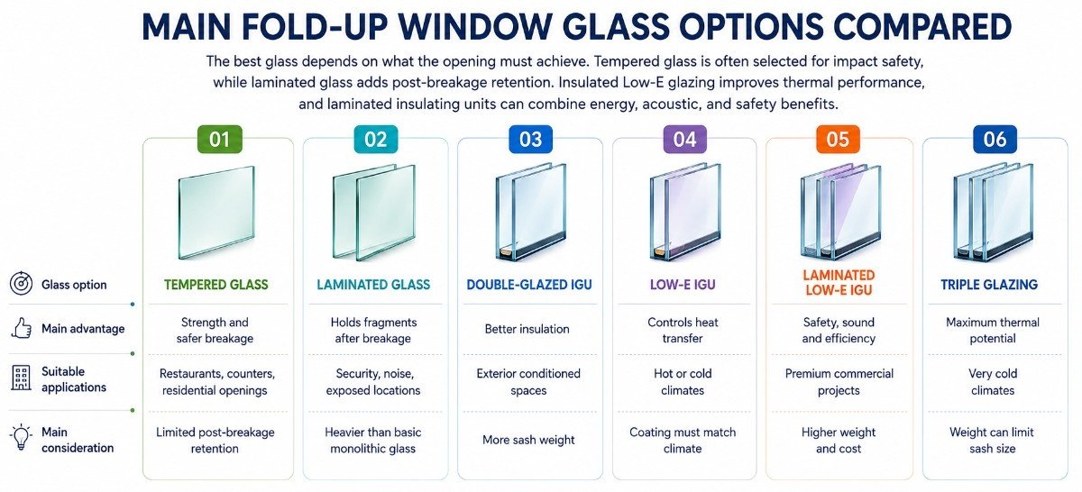 Infographic comparing six fold-up window glass options, including tempered, laminated, Low-E, double-glazed, and triple glazing.