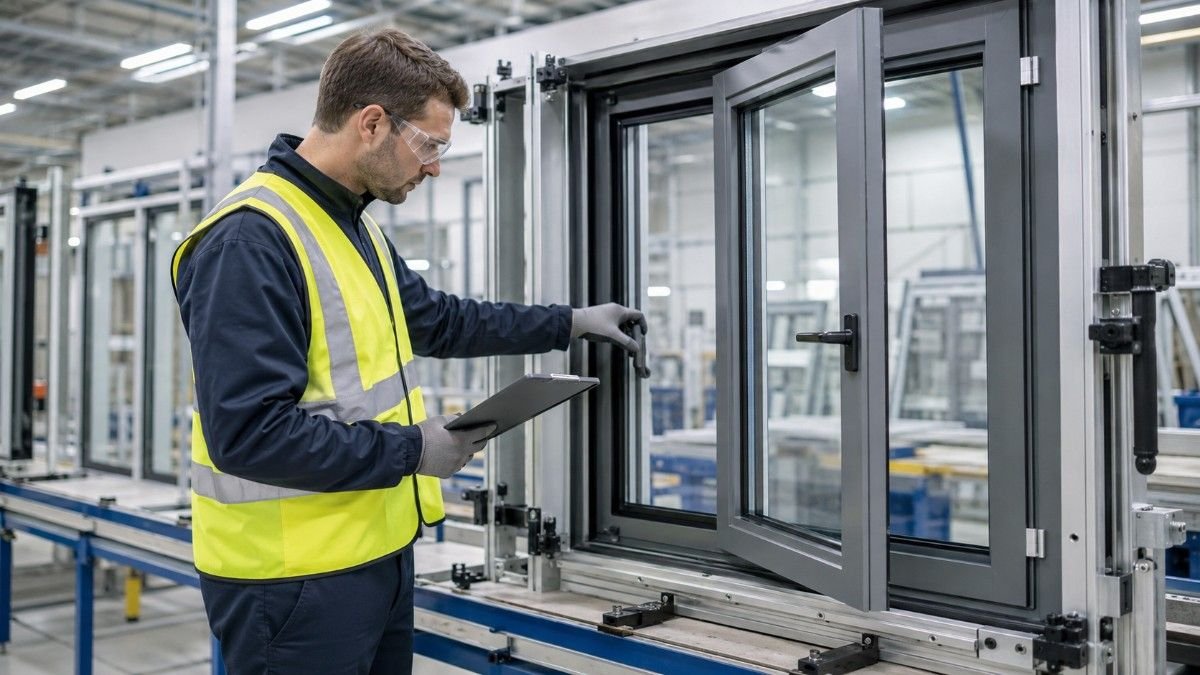Technician inspecting and testing a window system in a manufacturing facility.