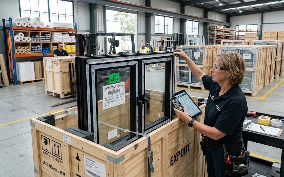 Worker inspecting and documenting packaged windows in a warehouse before shipment.
