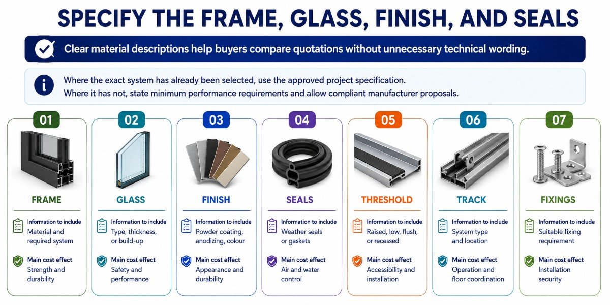 Infographic outlining swing-sliding door specifications for frame, glass, finish, seals, threshold, track, and fixings.