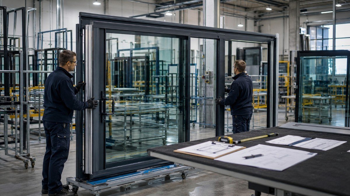 Two technicians inspect a large glass swing-sliding door system in a manufacturing facility.