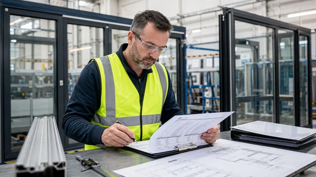 Technician reviewing quality documents and construction drawings in a window manufacturing facility.
