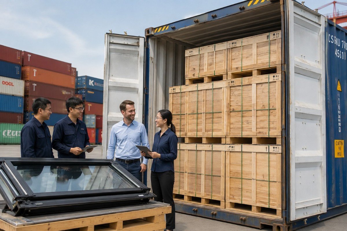 Fold-up windows packed in wooden export crates inside a shipping container, with Chinese and Western project team members smiling as they inspect the prepared shipment at a busy logistics yar