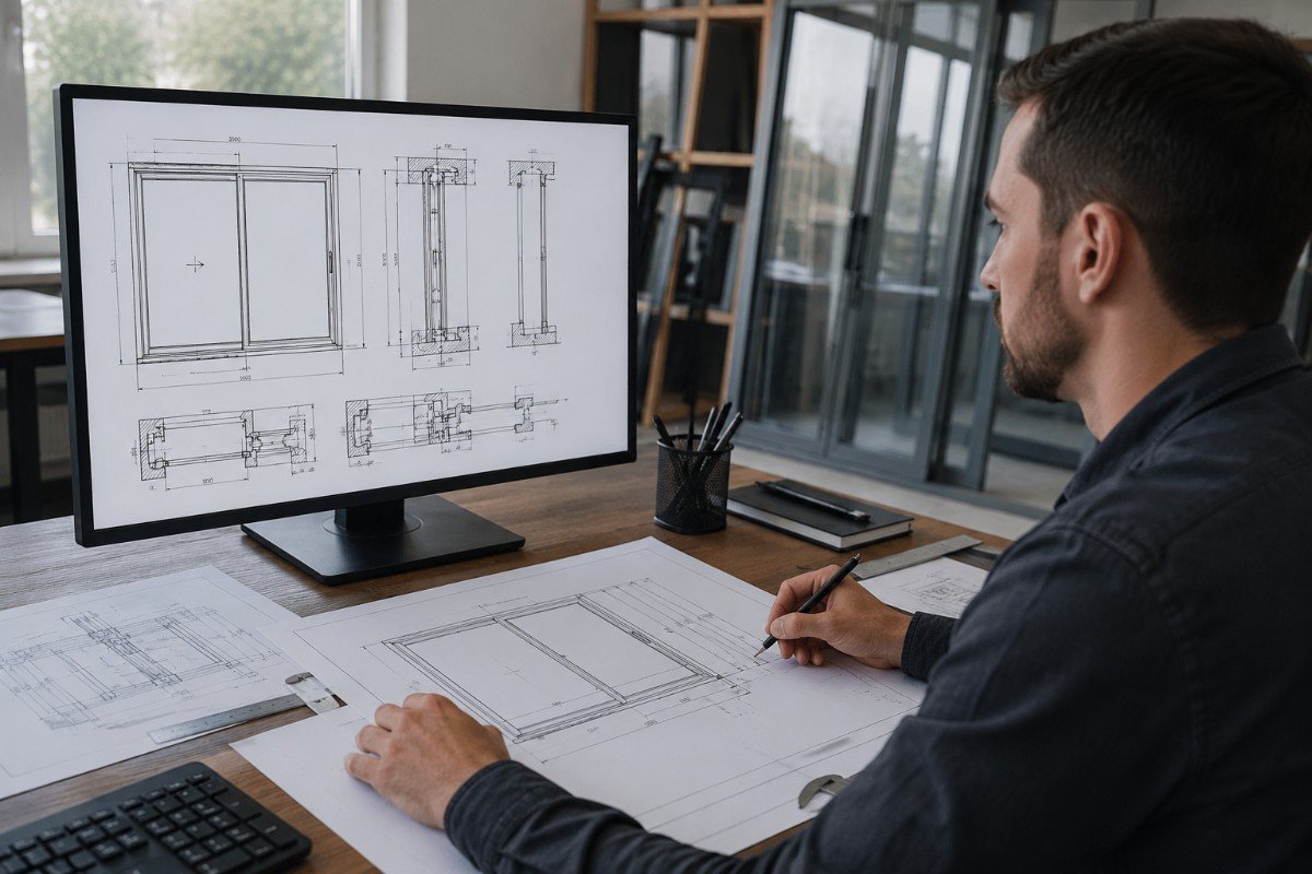 Engineer reviews swing-sliding door shop drawings on a monitor before manufacturing.