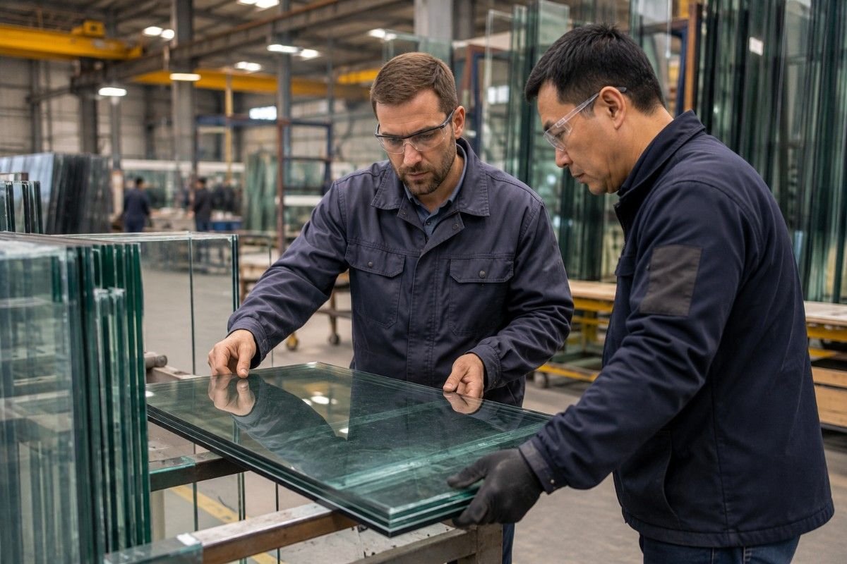 Workers inspecting laminated glass panels in an industrial factory for noise-control window applications.