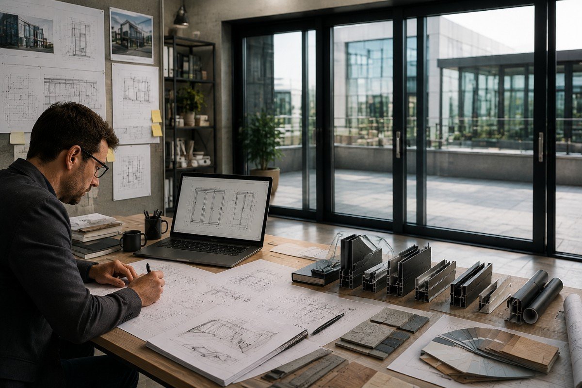 Architect reviewing swing-sliding door specifications at a workstation, with technical drawings, CAD plans, architectural models, and door frame samples spread across a desk in a modern design studio.