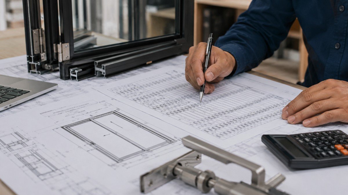 Technician reviews a swing-sliding door BOQ with technical drawings, hardware, and calculations.