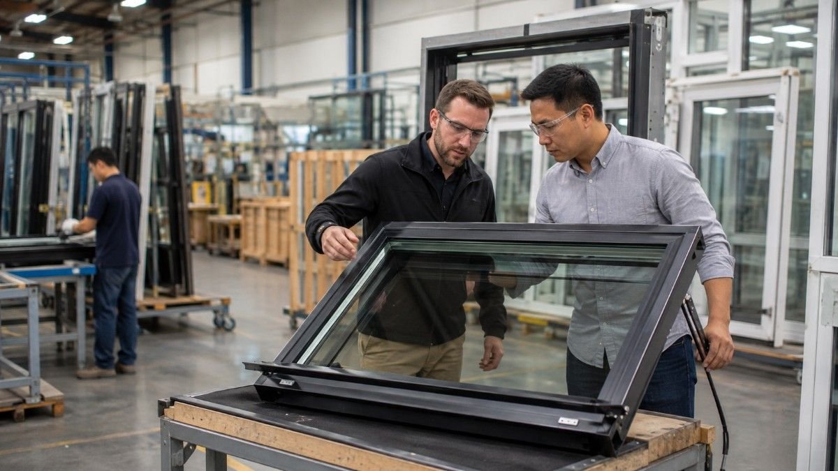 Buyer and factory specialist inspecting a custom fold-up window in an industrial manufacturing facility.