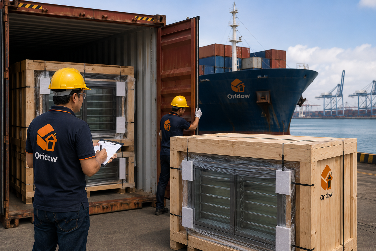 Oridow jalousie windows packed in wooden crates for international shipping at a cargo port.