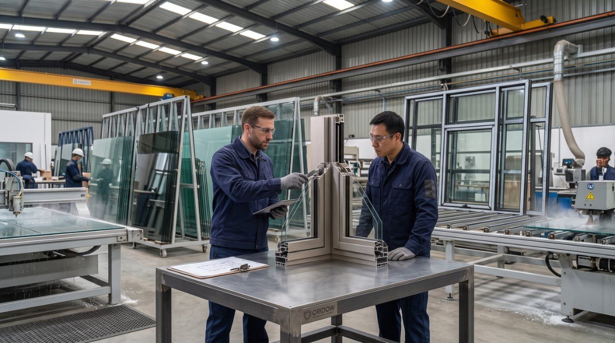 Two technicians inspect a custom swing-sliding door frame in an Oridow manufacturing facility.