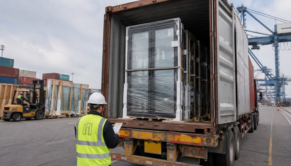 Custom swing-sliding doors packed in a shipping container at a cargo port for international sourcing.