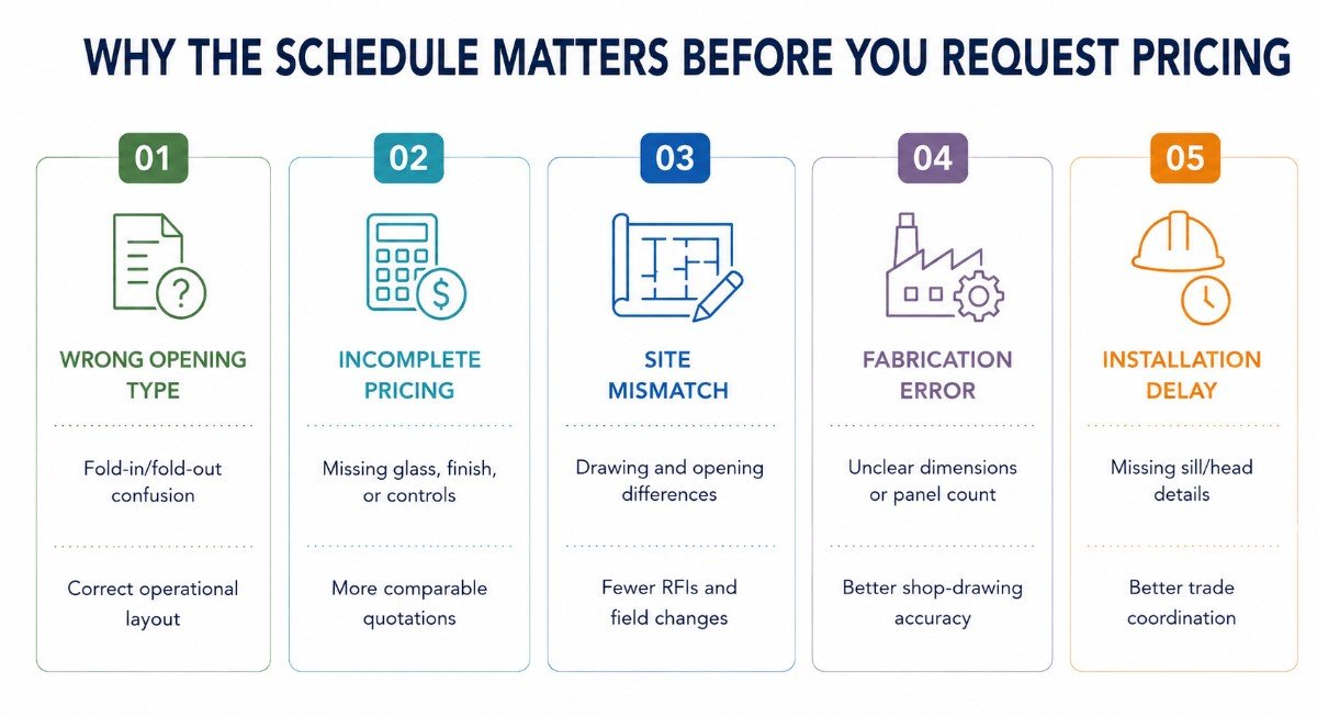 Infographic showing five project risks when requesting fold-up window pricing: wrong opening type, incomplete pricing, site mismatch, fabrication error, and installation delay, with the corresponding issues prevented and resulting project benefi