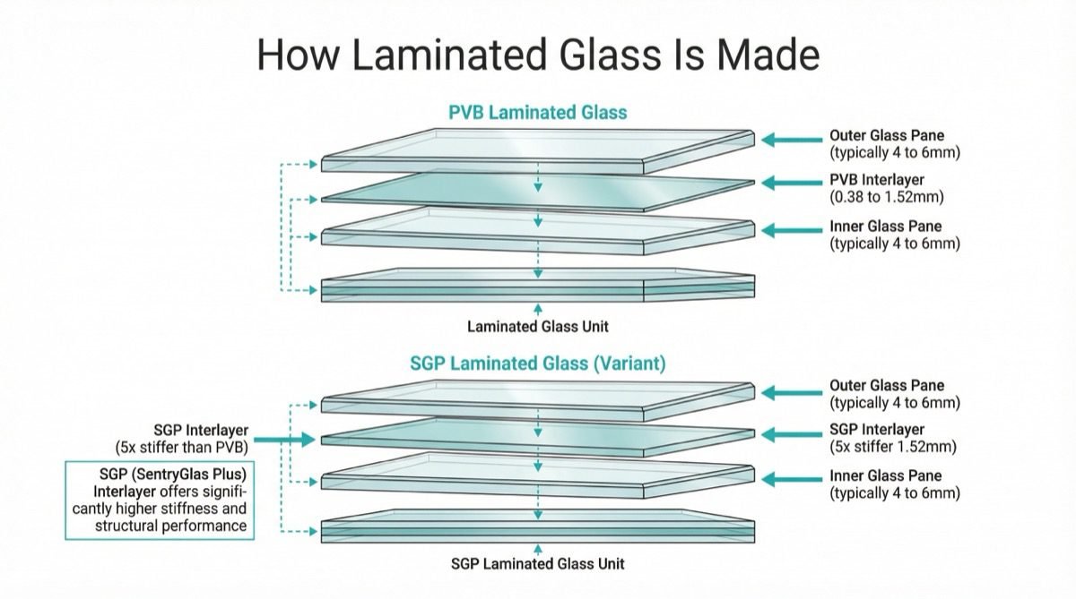 Diagram showing PVB and SGP laminated glass construction with glass panes and interlayers.