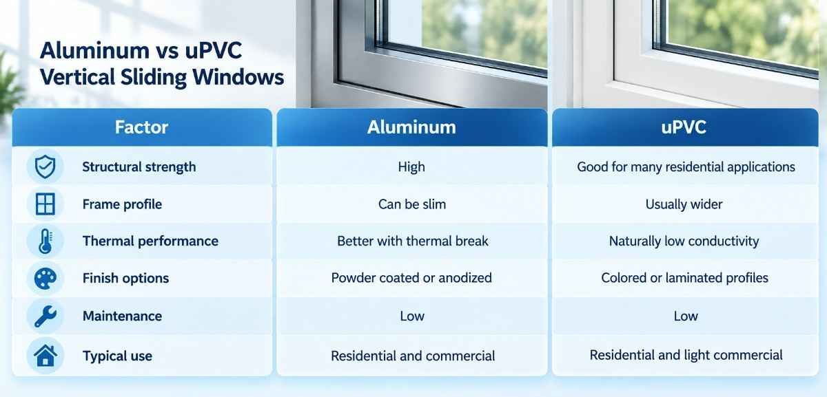 Comparison chart showing aluminum and uPVC vertical sliding windows, including differences in structural strength, frame profile, thermal performance, finish options, maintenance, and typical applications.