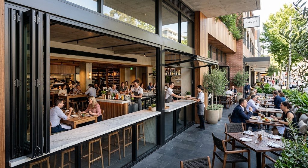 a modern restaurant featuring bifold windows naturally integrated into the building design. Show several large glass window panels folded neatly to one side, creating a wide open connection between the indoor dining or bar area and an outdoor patio or pass-through counter.