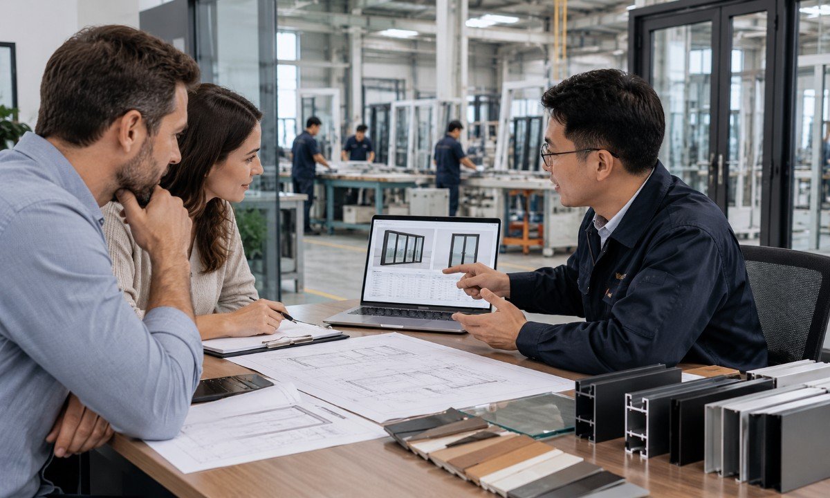 Customers requesting a custom door quote from a window and door factory representative