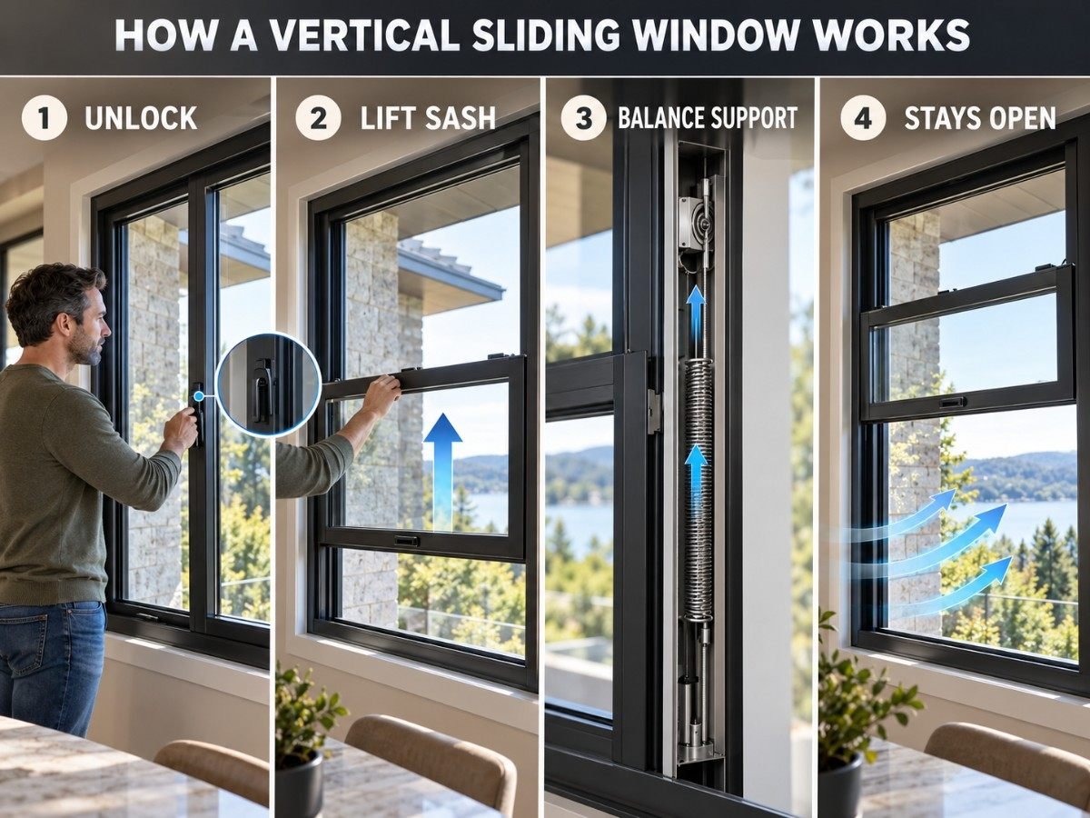 Four-step diagram showing how a vertical sliding window works: unlock the sash, lift it upward, the balance mechanism supports the sash, and the window stays open for ventilatio