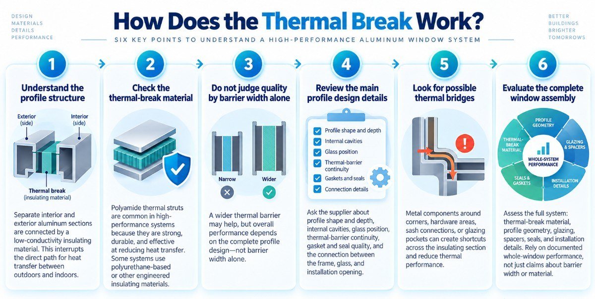 Infographic explaining six key factors in aluminum window thermal-break performance, including profile structure, insulating material, barrier width, profile design, thermal bridges, and the complete window assembly.