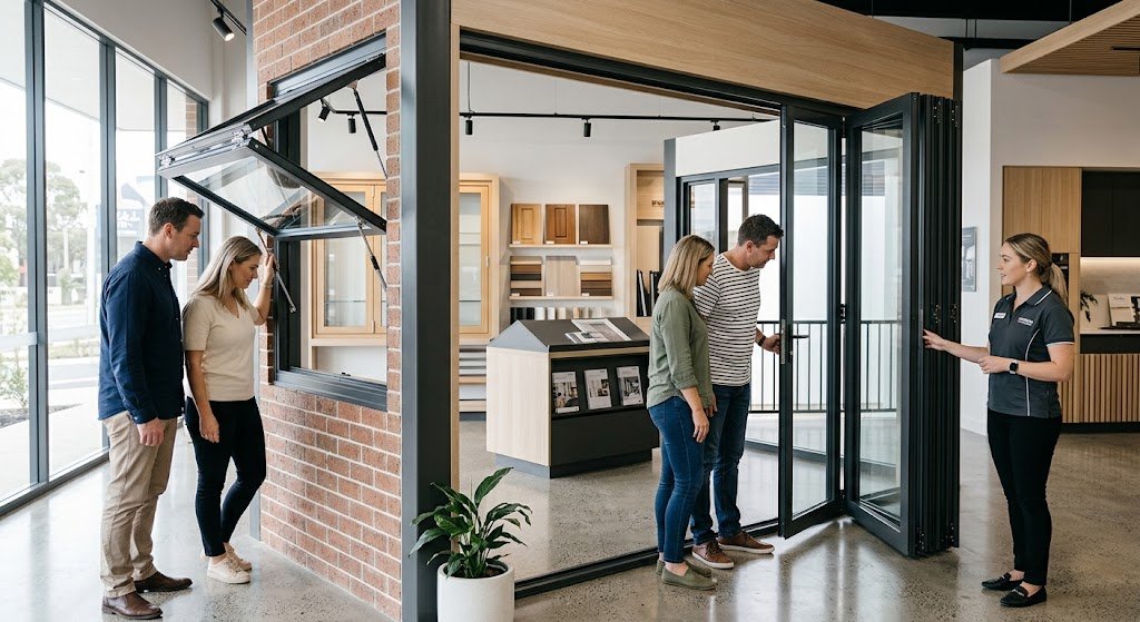 Customers comparing a gas strut window and bifold window in a modern window and door showroom.