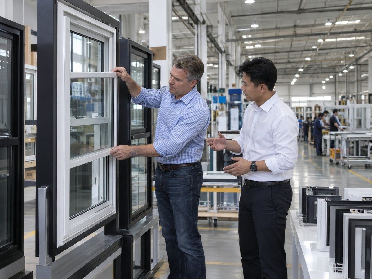 Two men inspecting and discussing a white vertical sliding window in a modern window manufacturing facility