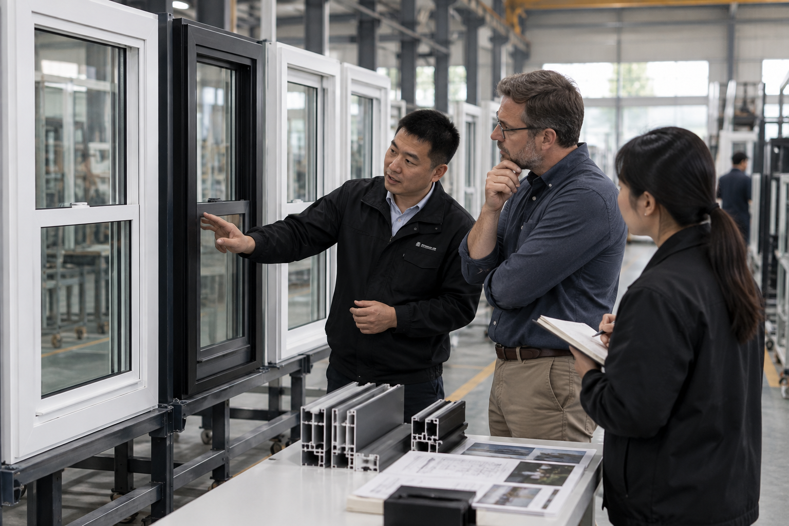 Three professionals inspecting window samples and frame profiles in a manufacturing facility.