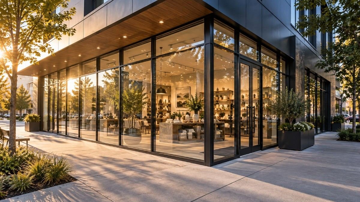 Commercial storefront glazing designed for climate, sunlight, and retail use.