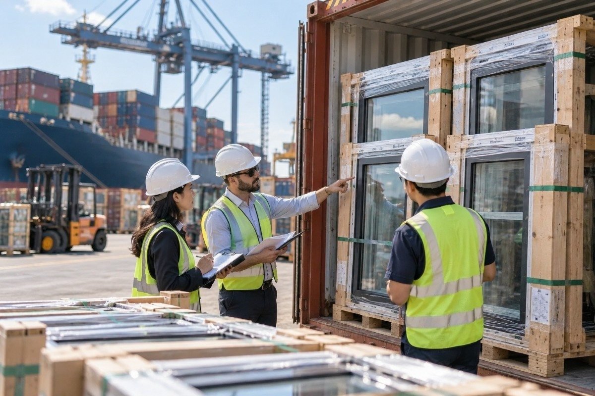 Workers inspecting custom windows packed in a shipping container at a busy cargo port, with cranes, stacked containers, and a cargo ship in the background.