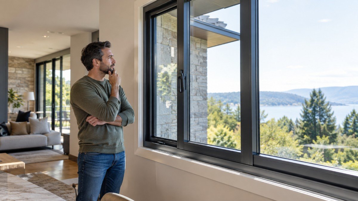 Man considering a modern thermally broken aluminum window.