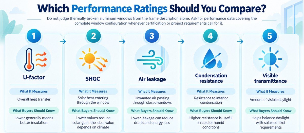 Infographic comparing five window performance ratings: U-factor, solar heat gain coefficient (SHGC), air leakage, condensation resistance, and visible transmittance, with brief explanations of what each measures and what buyers should consider.