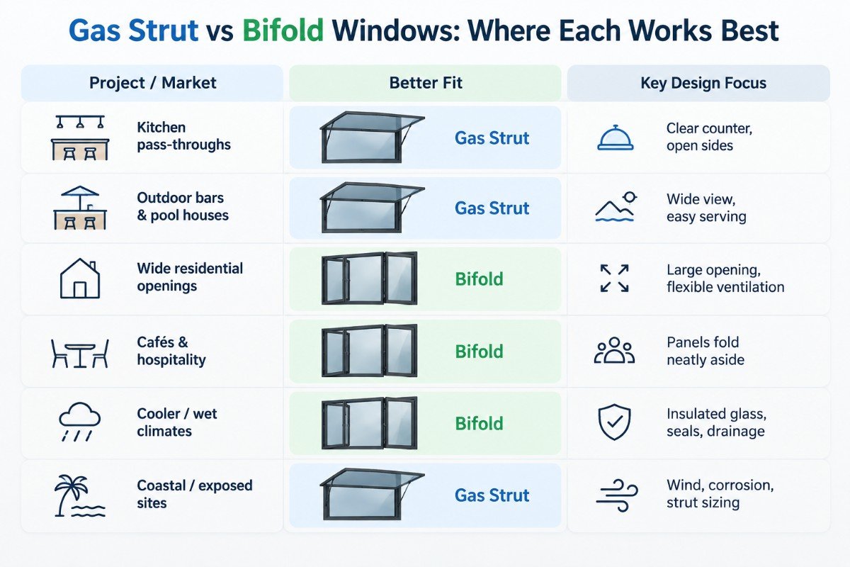 Gas strut and bifold window comparison infographic showing the best window type for kitchens, outdoor bars, homes, cafés, wet climates, and coastal sites.