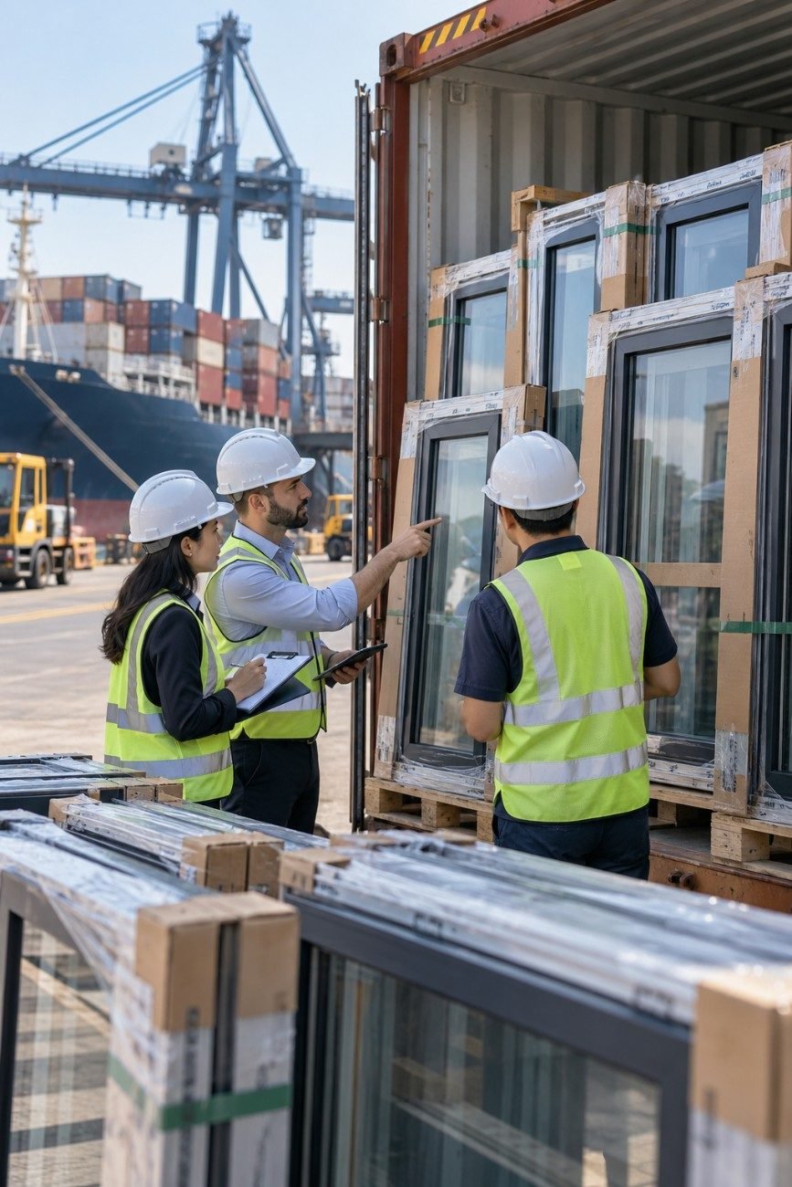 Experts inspecting packaged aluminum windows at a shipping port.