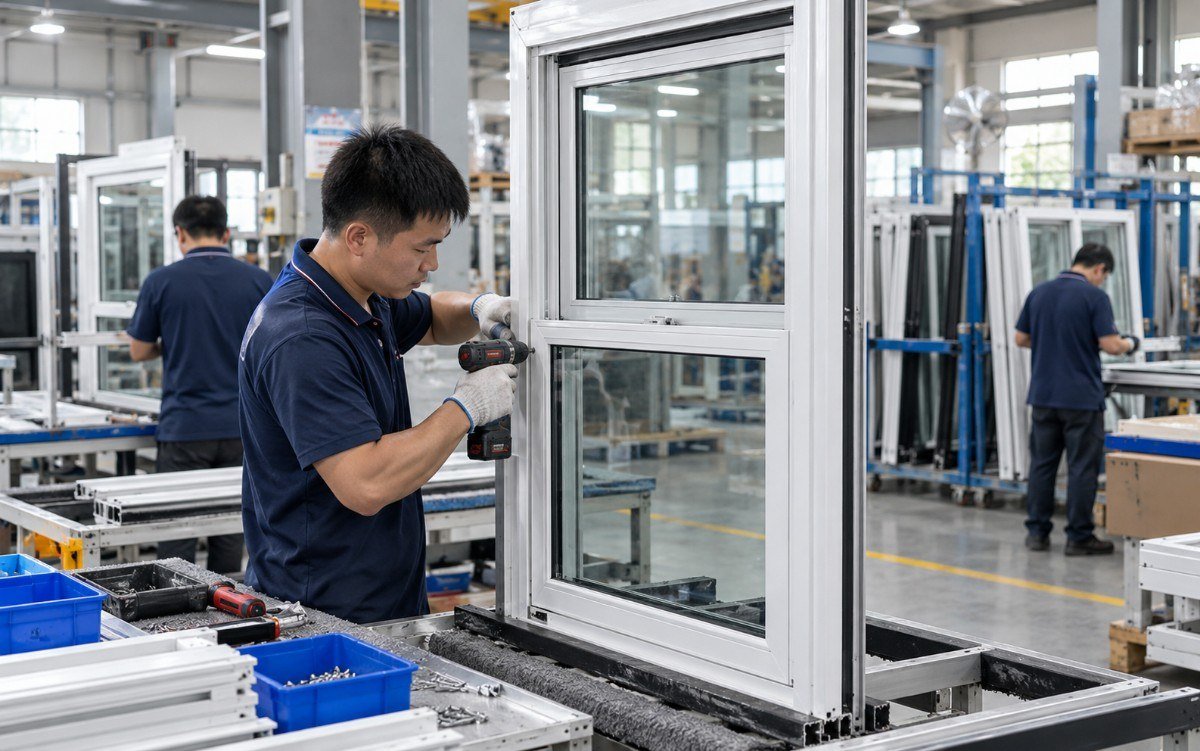 Workers assembling white vertical sliding window frames on a production line inside a modern window manufacturing factory.