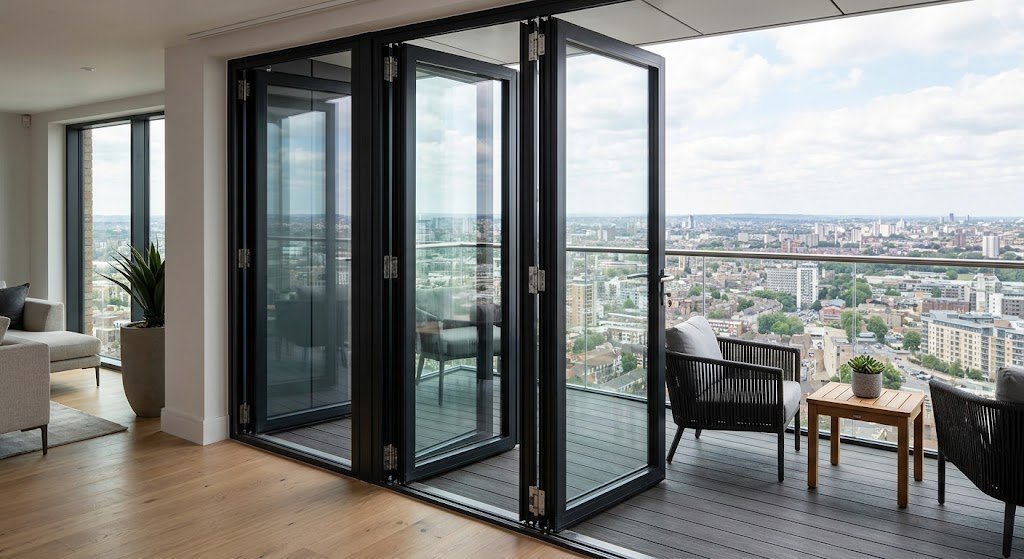 Modern aluminum bifold windows on a high-rise balcony with secure frames and city skyline views.