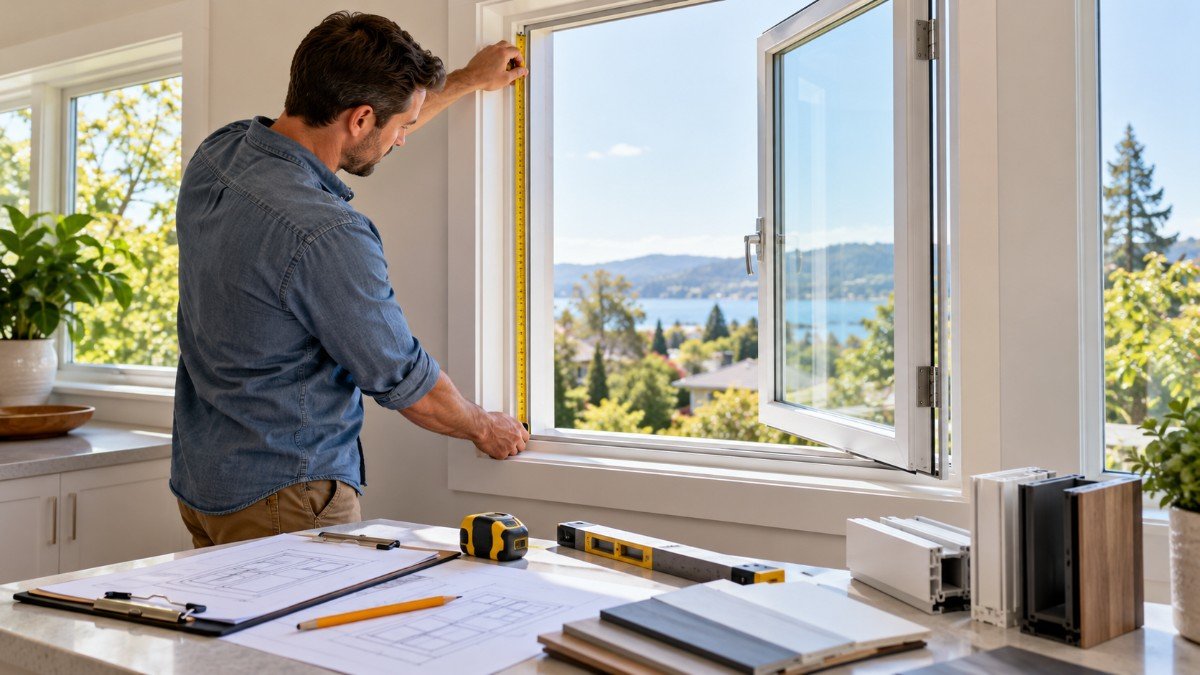 Professional measuring the height of a white casement window with a tape measure, with window size plans and frame samples nearby.