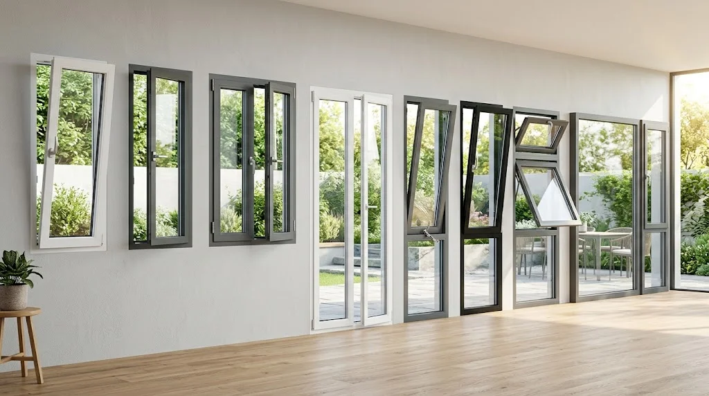 Different types of casement windows including single, double, French, push-out, crank-out, top-hung, and combination designs.