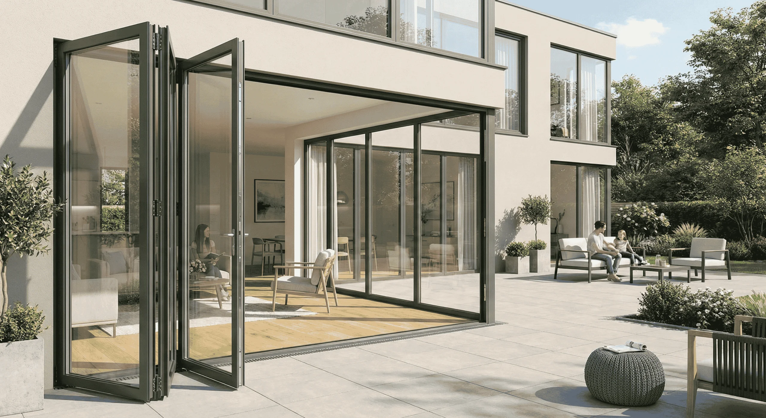 Aluminium bifold doors fully open creating a seamless indoor and outdoor living space