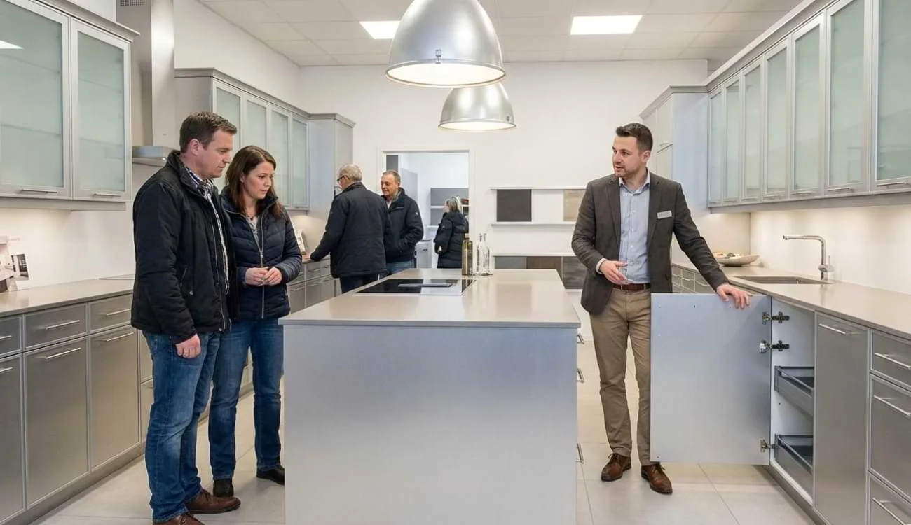 A sales consultant demonstrating the build quality of modern aluminum kitchen cabinets to a couple in a bright showroom, highlighting the durable interior and handle-less design.