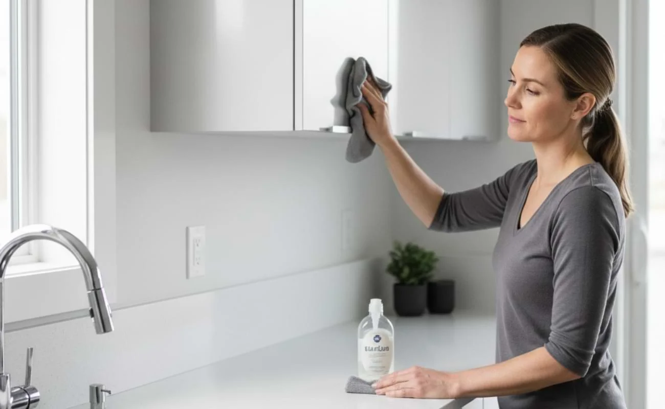 A homeowner cleaning modern grey aluminum kitchen cabinets with a microfiber cloth in a bright, sunlit kitchen.