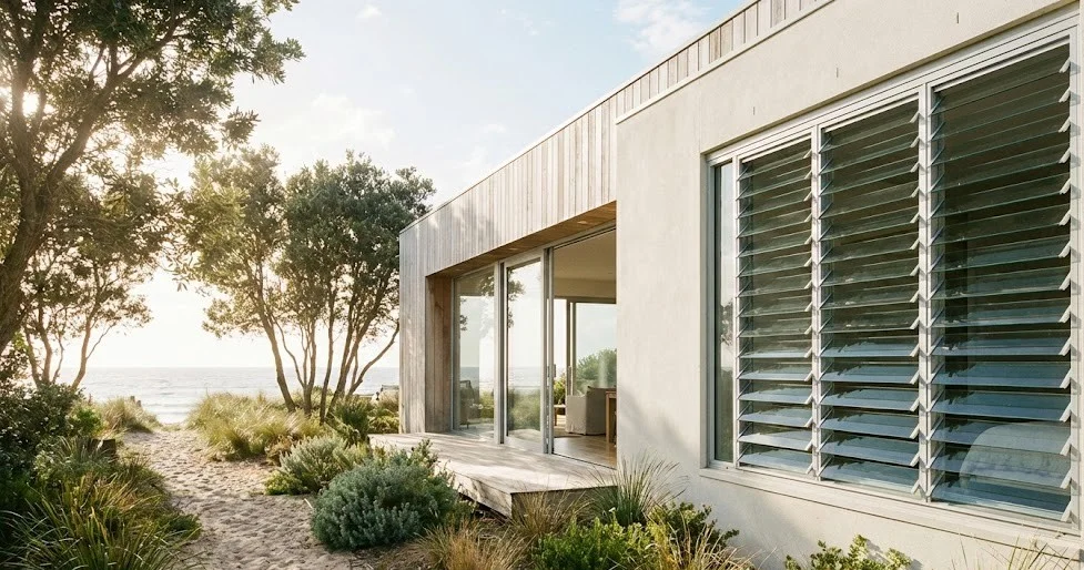 Modern coastal home exterior with aluminum jalousie windows open, showing airflow-friendly design for warm climates.