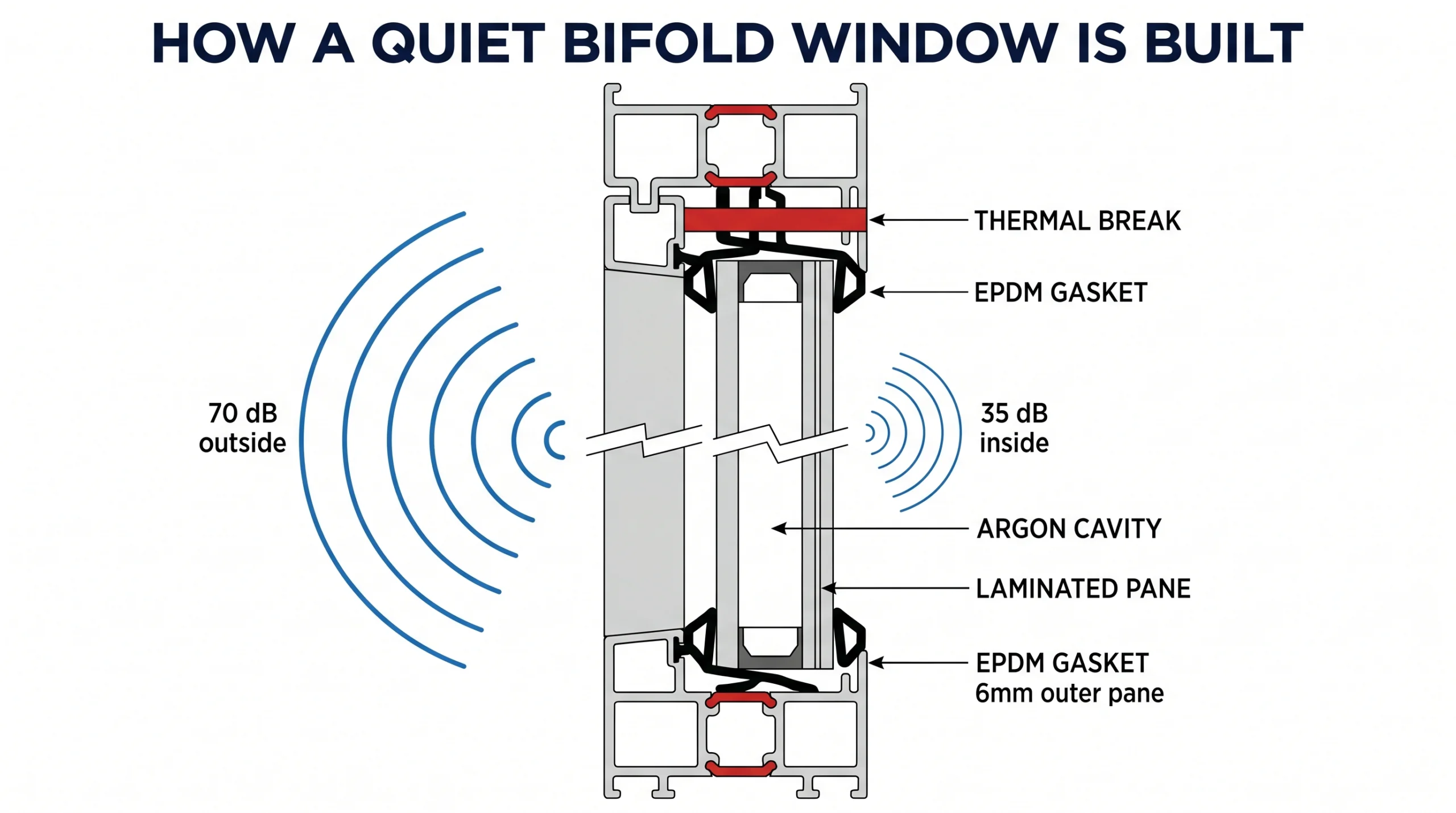 Cross-section of an aluminium bifold window showing thermal break, EPDM gaskets, laminated double-glazed unit, and incoming and outgoing sound wave intensity