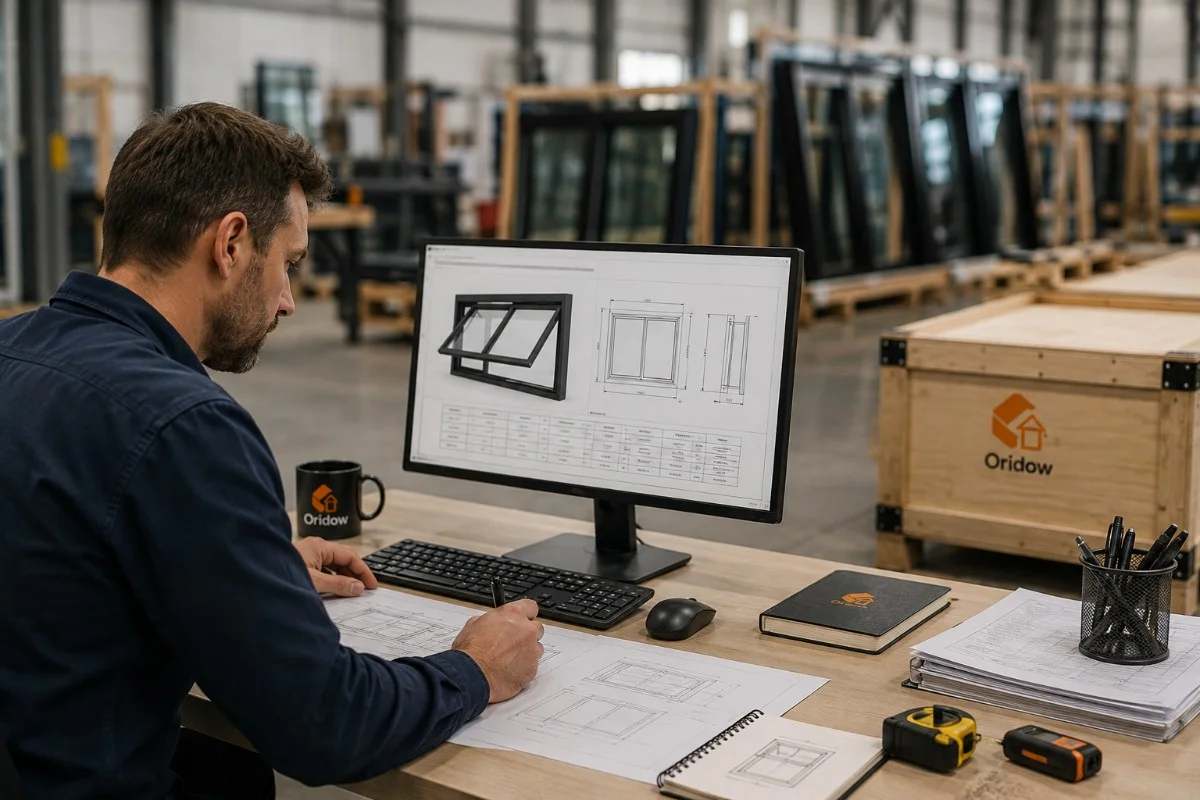 Construction window expert preparing a fold-up window schedule at a workstation, reviewing technical drawings and a window design on a computer in a modern manufacturing warehouse.