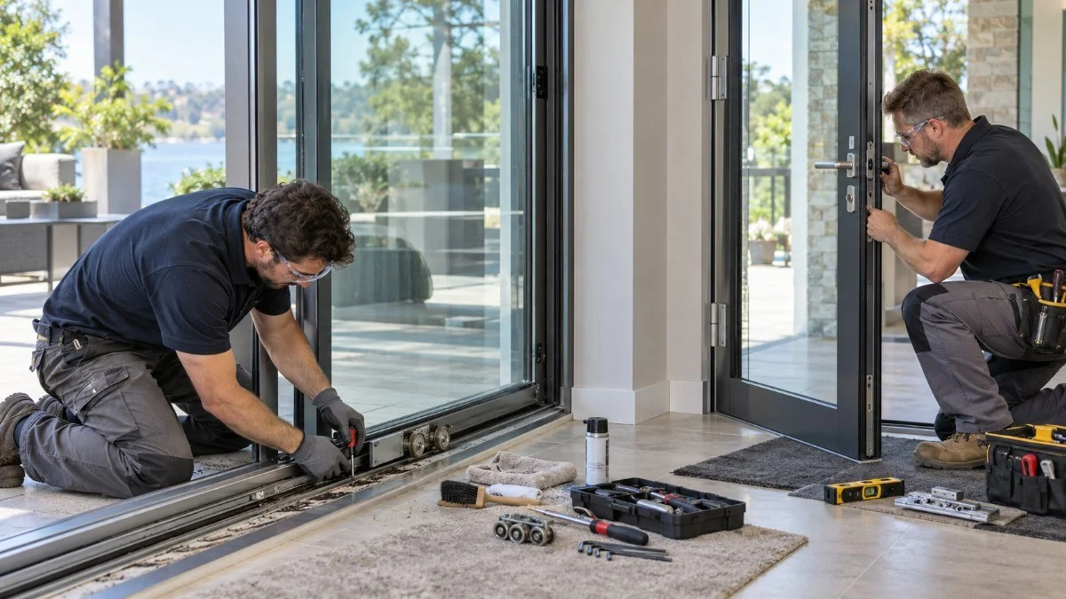 Two technicians repair a large sliding glass door and hinged entry door, using tools to adjust tracks, rollers, and hardware in a modern home.