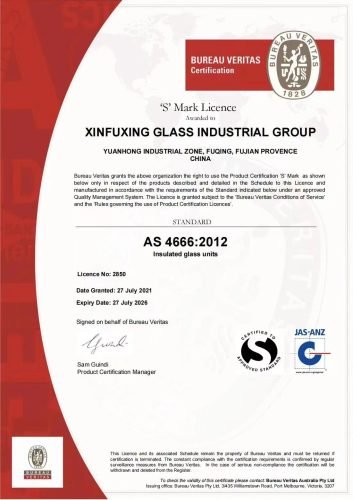 Bureau Veritas AS 4666:2012 insulating glass units certification for Xinfuxing Glass Industrial Group