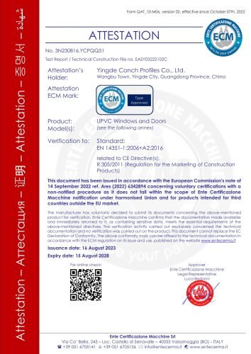 ECM attestation for uPVC windows and doors to EN 14351-1:2006+A2:2016
